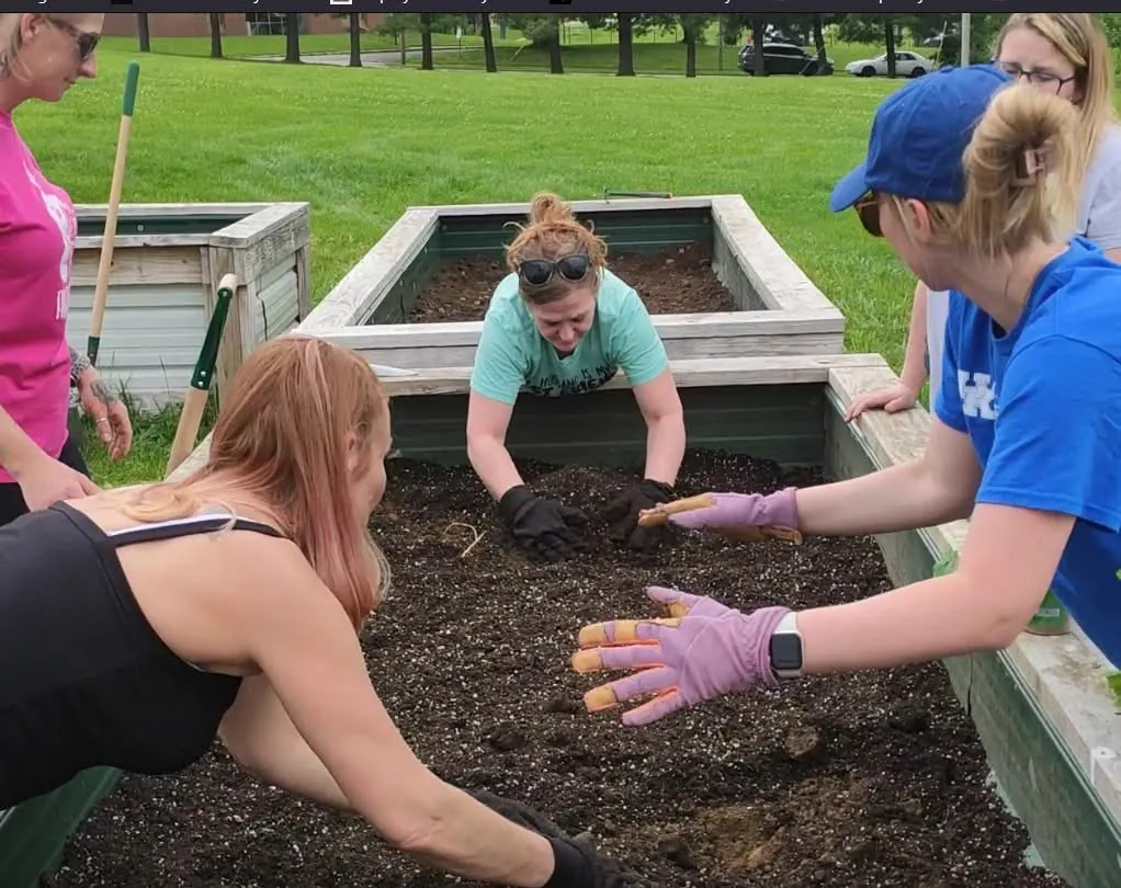 Women from the Shepherd's House community working together in raised garden beds during a clinical program activity
